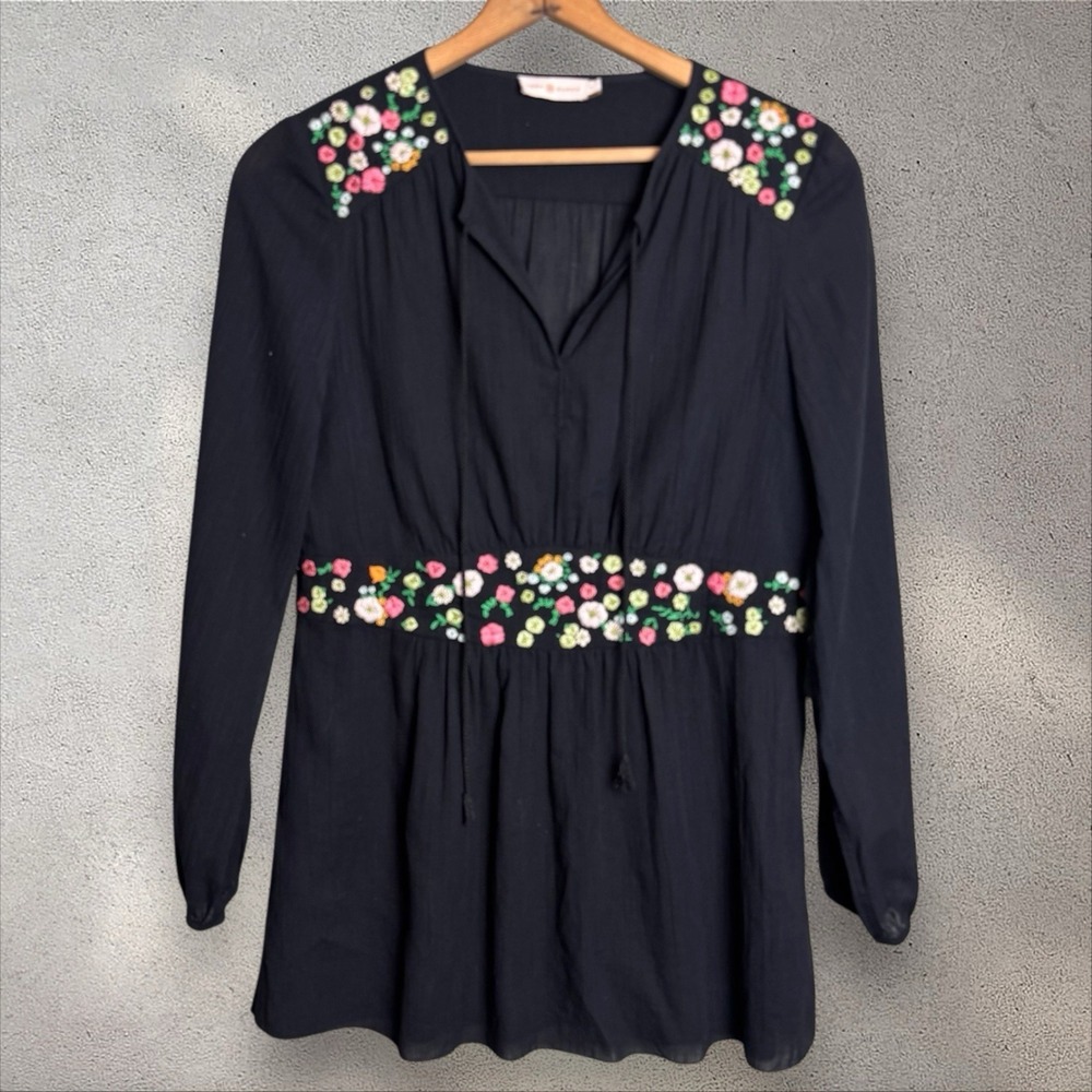 TORY BURCH Fleur Tunic Blouse Black Floral Embroidery Crepe Sz 6